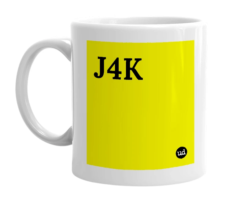 White mug with 'J4K' in bold black letters