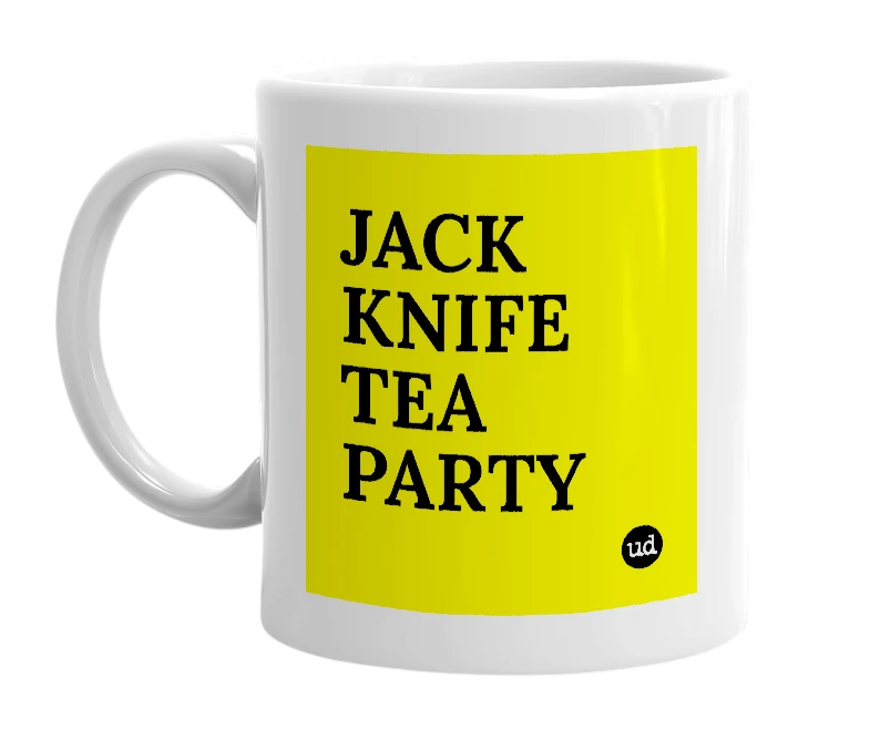 White mug with 'JACK KNIFE TEA PARTY' in bold black letters