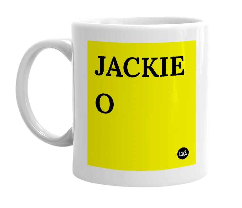 White mug with 'JACKIE O' in bold black letters