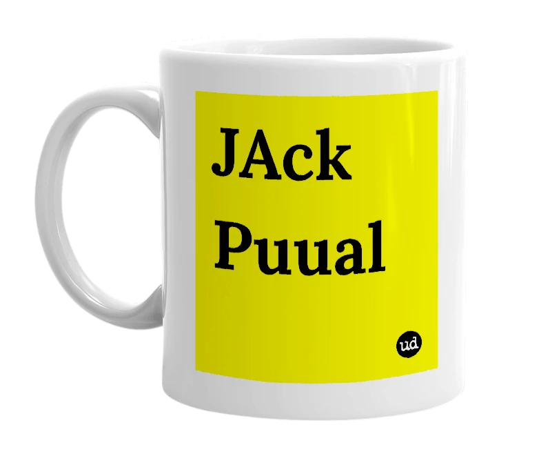 White mug with 'JAck Puual' in bold black letters