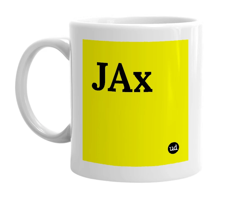 White mug with 'JAx' in bold black letters