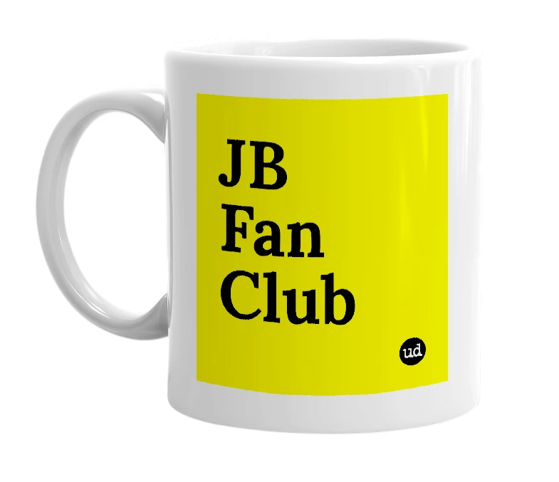 White mug with 'JB Fan Club' in bold black letters