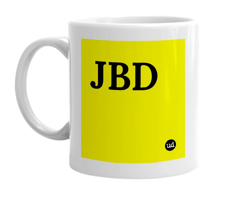 White mug with 'JBD' in bold black letters