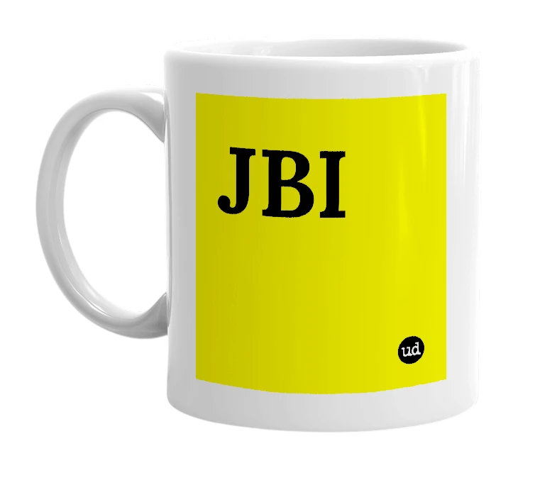 White mug with 'JBI' in bold black letters