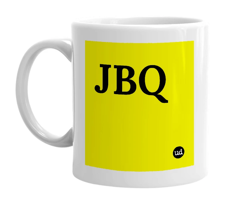 White mug with 'JBQ' in bold black letters