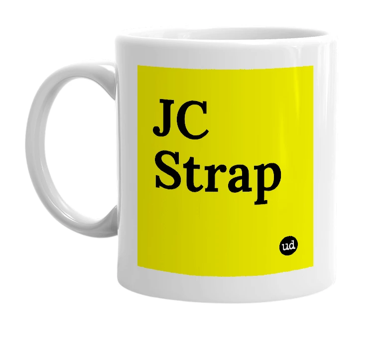 White mug with 'JC Strap' in bold black letters
