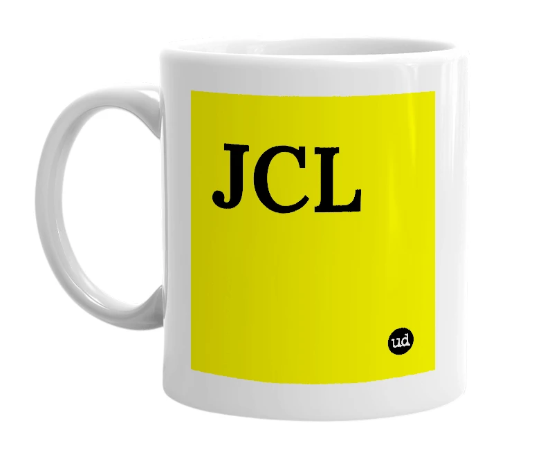White mug with 'JCL' in bold black letters