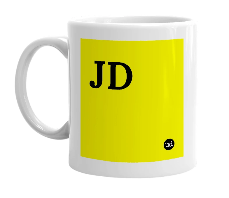 White mug with 'JD' in bold black letters