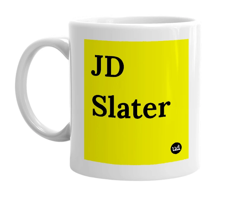 White mug with 'JD Slater' in bold black letters