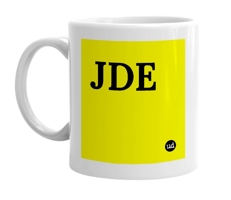 White mug with 'JDE' in bold black letters