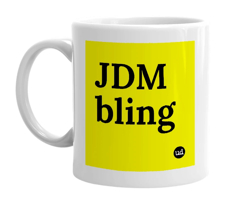 White mug with 'JDM bling' in bold black letters