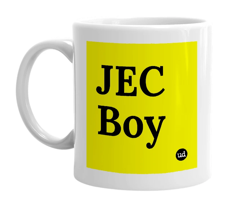 White mug with 'JEC Boy' in bold black letters