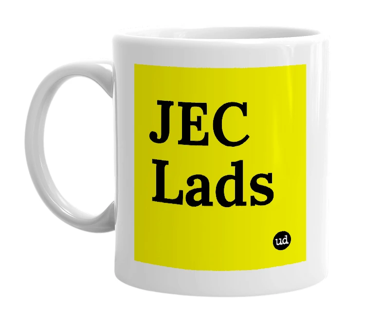 White mug with 'JEC Lads' in bold black letters