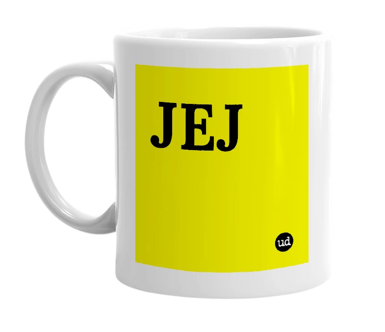 White mug with 'JEJ' in bold black letters