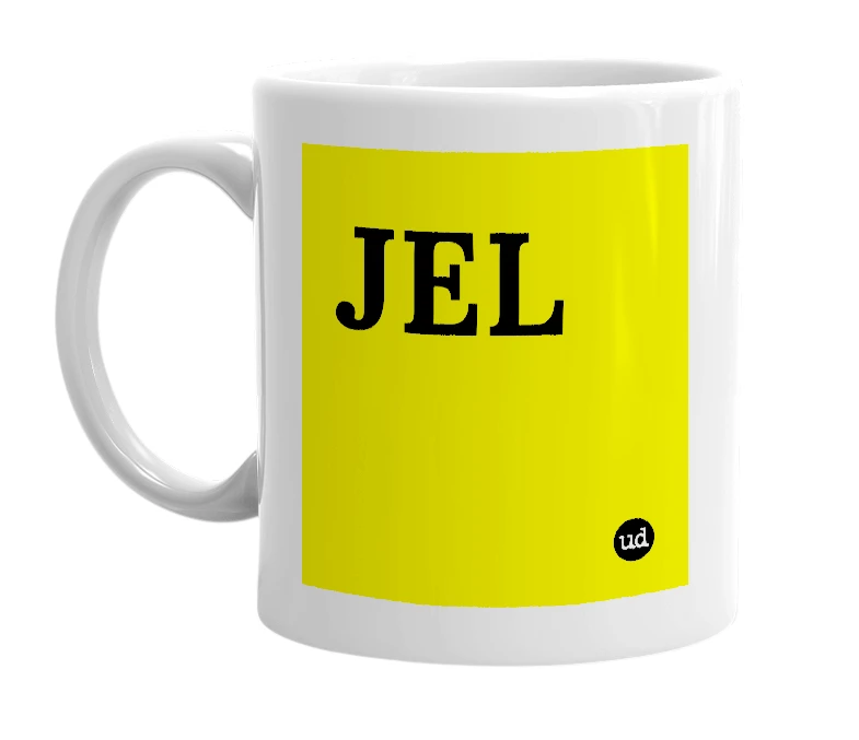 White mug with 'JEL' in bold black letters
