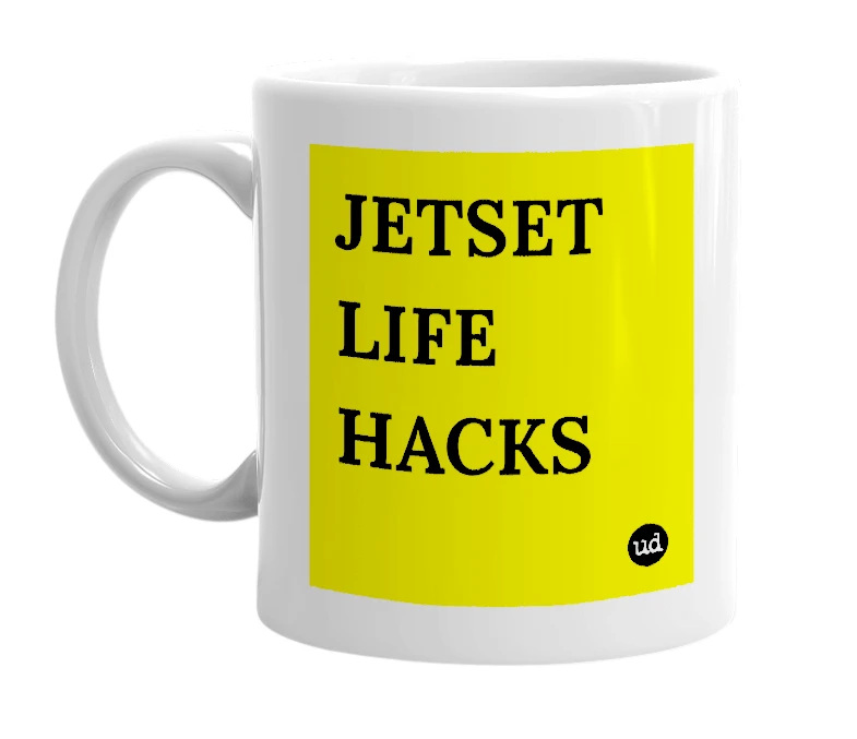 White mug with 'JETSET LIFE HACKS' in bold black letters