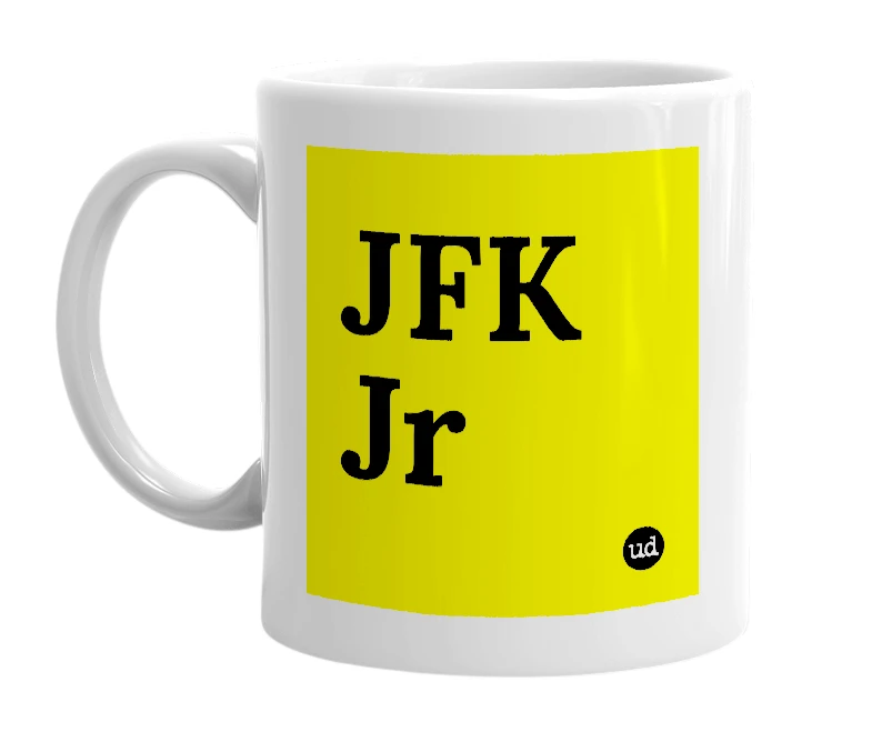 White mug with 'JFK Jr' in bold black letters