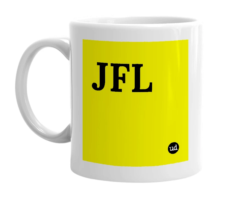 White mug with 'JFL' in bold black letters