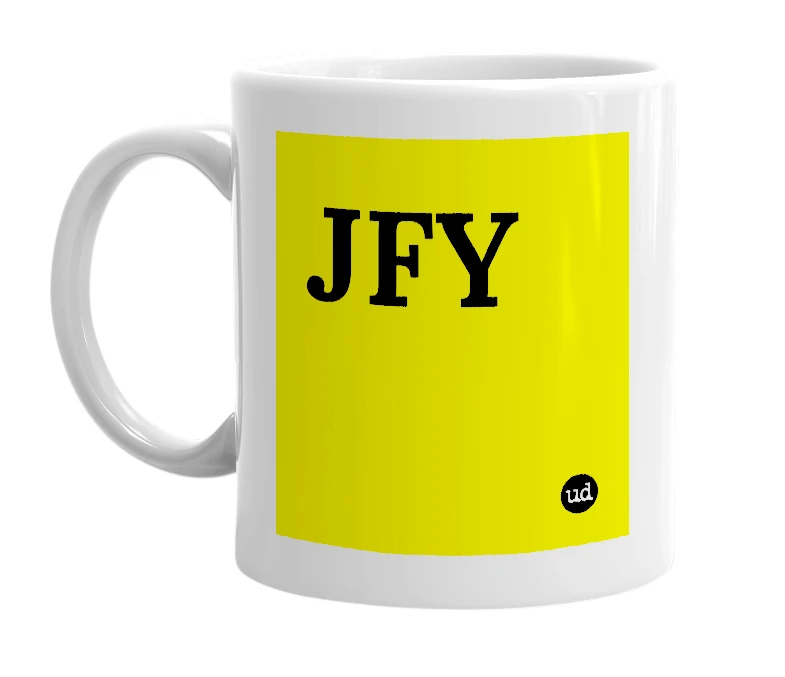 White mug with 'JFY' in bold black letters