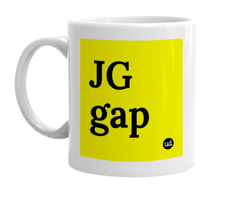 White mug with 'JG gap' in bold black letters