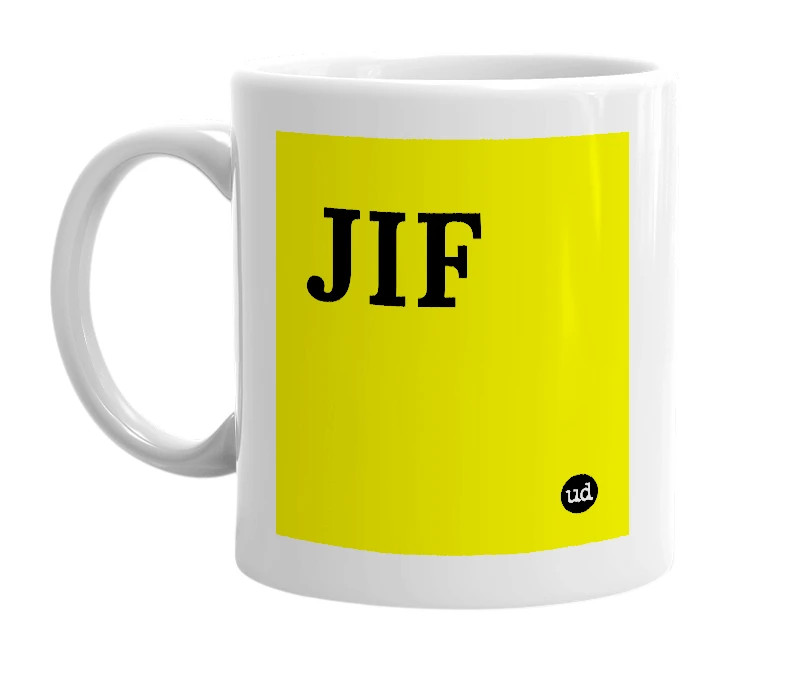 White mug with 'JIF' in bold black letters