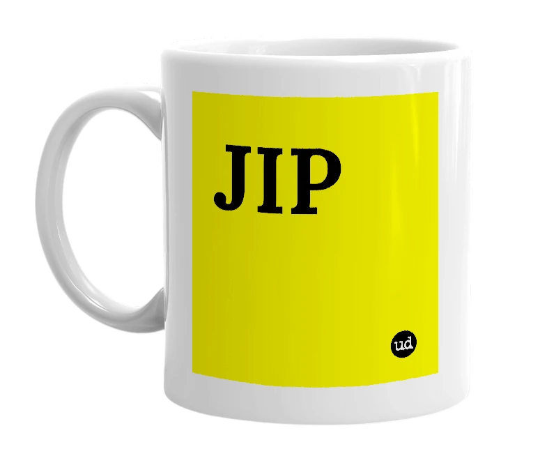 White mug with 'JIP' in bold black letters