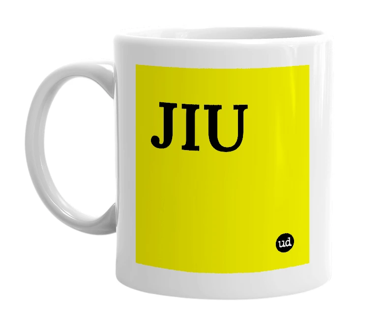 White mug with 'JIU' in bold black letters