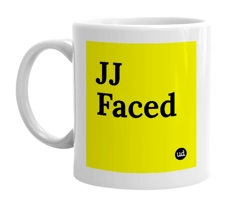 White mug with 'JJ Faced' in bold black letters