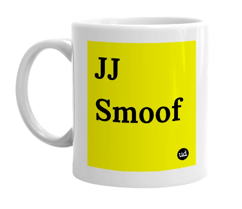 White mug with 'JJ Smoof' in bold black letters