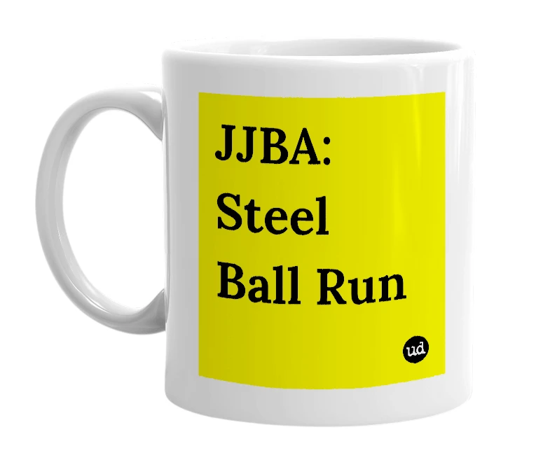 White mug with 'JJBA: Steel Ball Run' in bold black letters