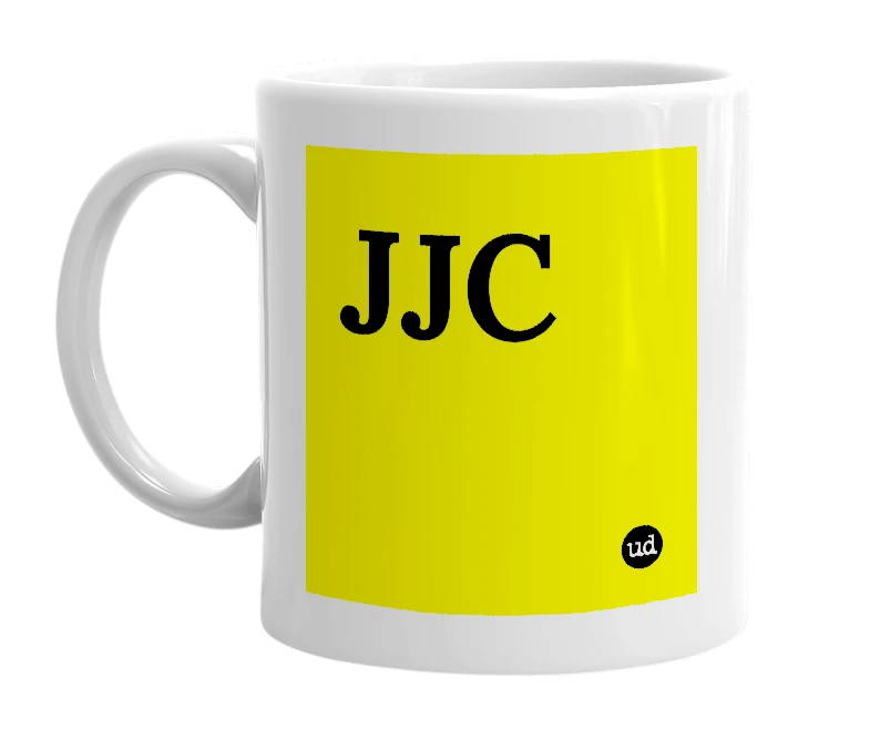 White mug with 'JJC' in bold black letters