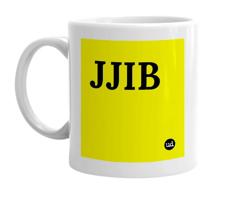 White mug with 'JJIB' in bold black letters