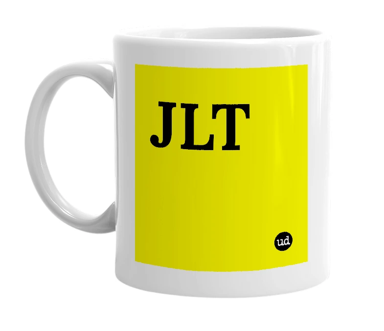 White mug with 'JLT' in bold black letters