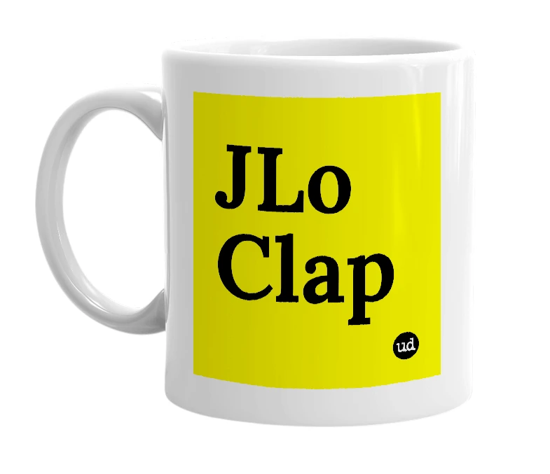 White mug with 'JLo Clap' in bold black letters
