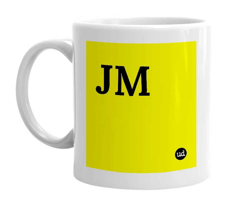 White mug with 'JM' in bold black letters