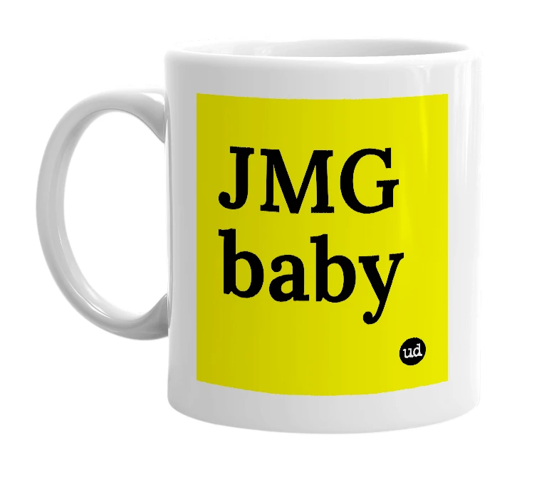 White mug with 'JMG baby' in bold black letters