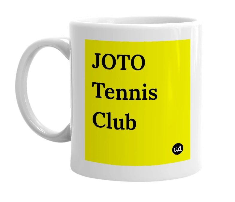 White mug with 'JOTO Tennis Club' in bold black letters