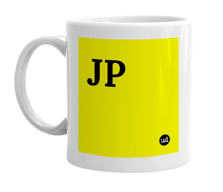 White mug with 'JP' in bold black letters