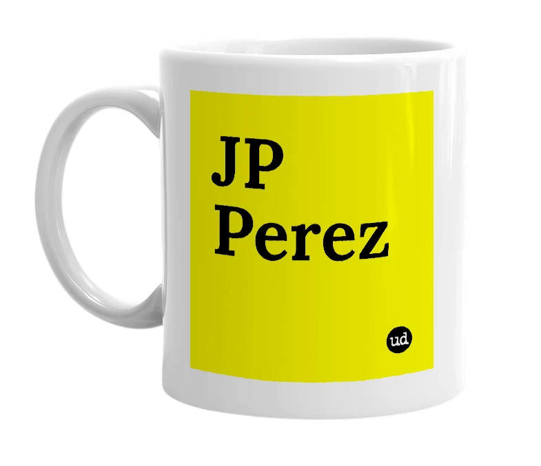 White mug with 'JP Perez' in bold black letters