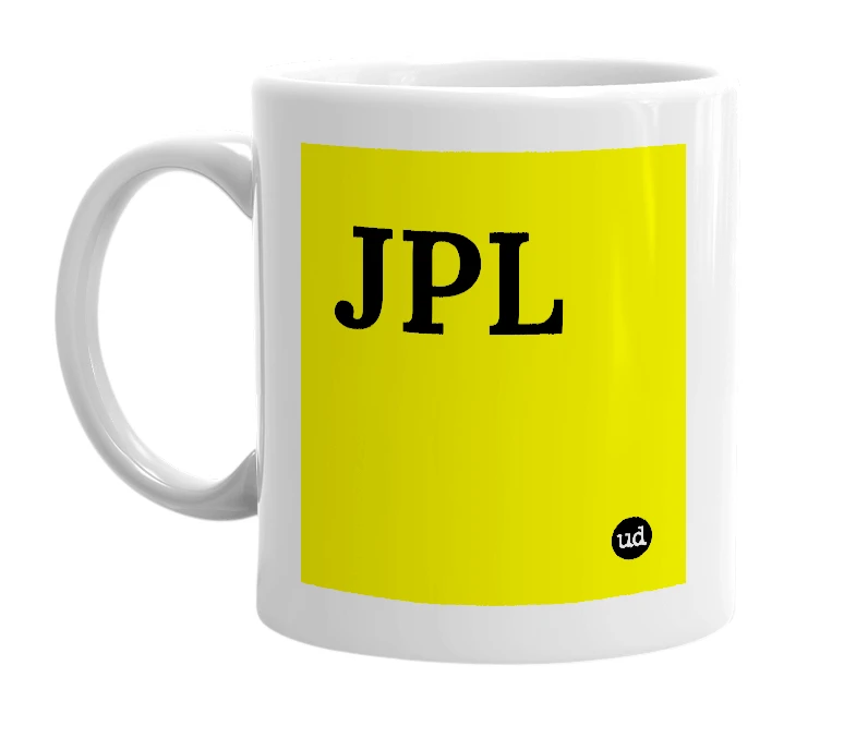 White mug with 'JPL' in bold black letters