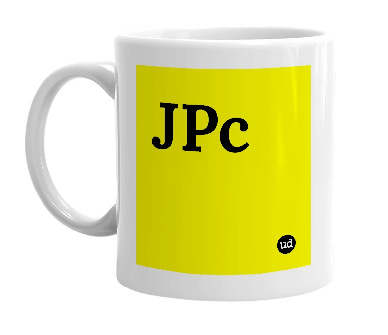 White mug with 'JPc' in bold black letters