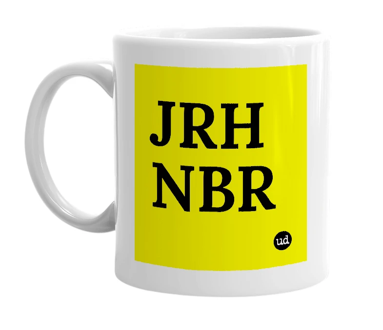 White mug with 'JRH NBR' in bold black letters