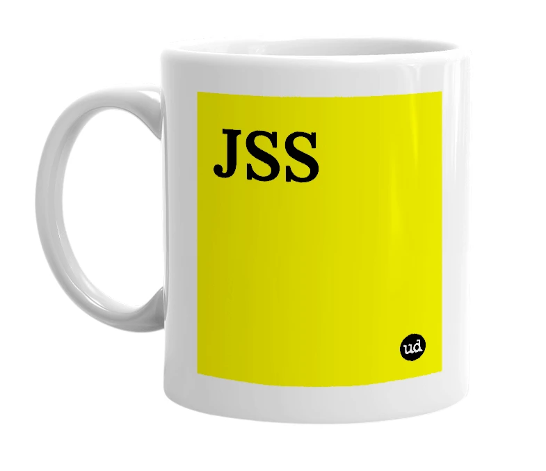 White mug with 'JSS' in bold black letters