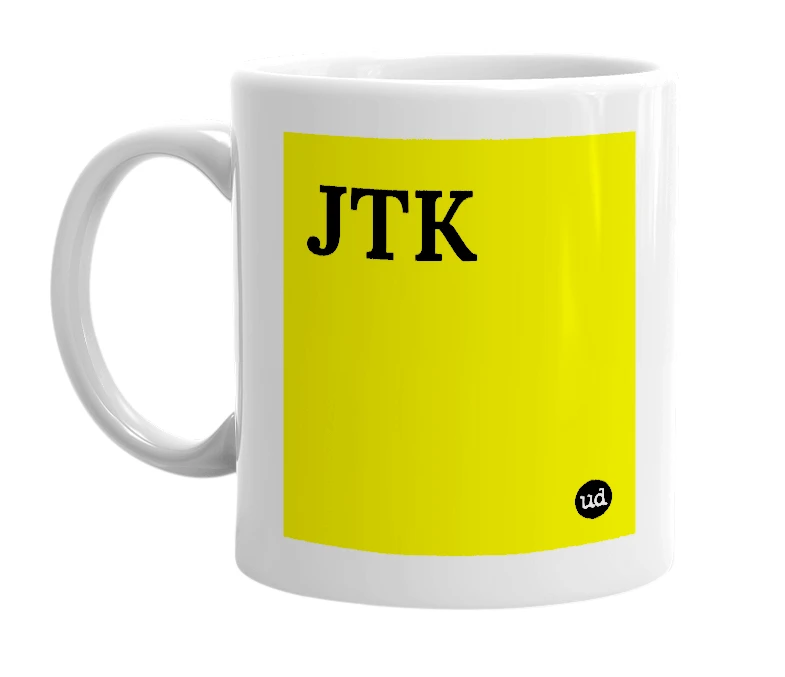 White mug with 'JTK' in bold black letters