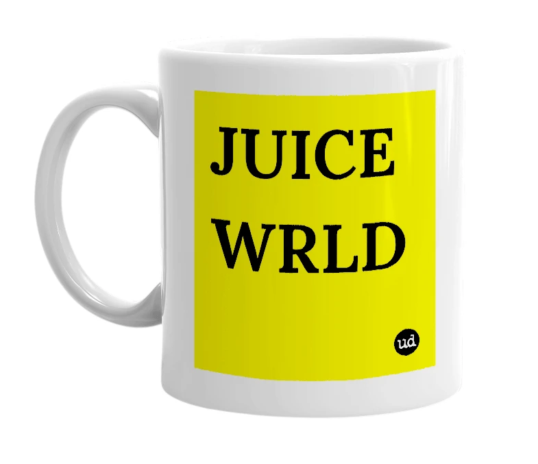 White mug with 'JUICE WRLD' in bold black letters