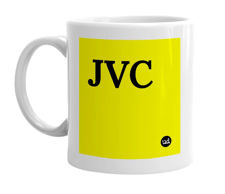 White mug with 'JVC' in bold black letters