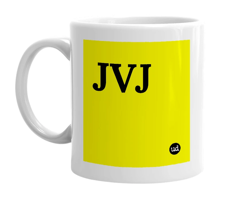 White mug with 'JVJ' in bold black letters