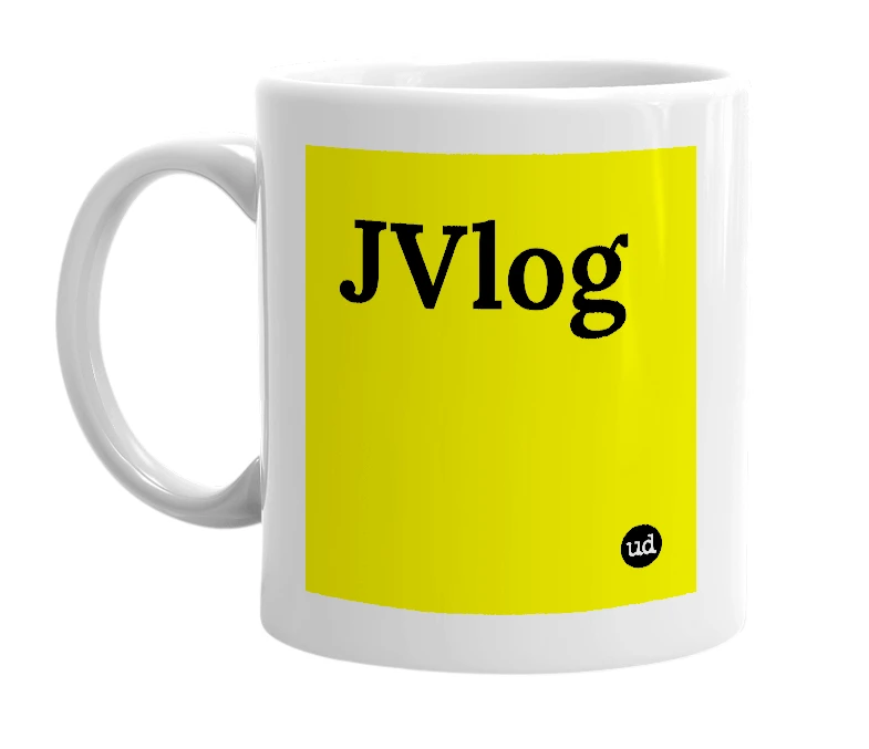 White mug with 'JVlog' in bold black letters