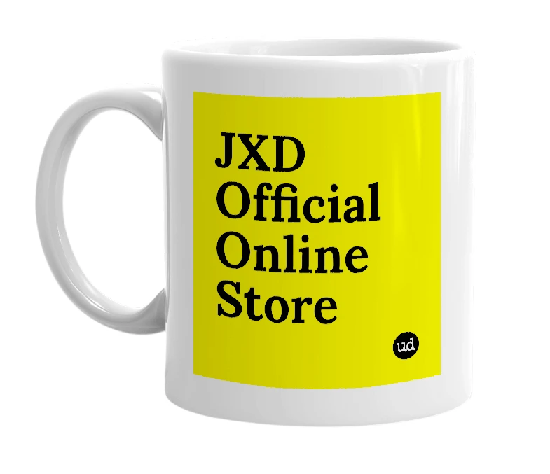 White mug with 'JXD Official Online Store' in bold black letters
