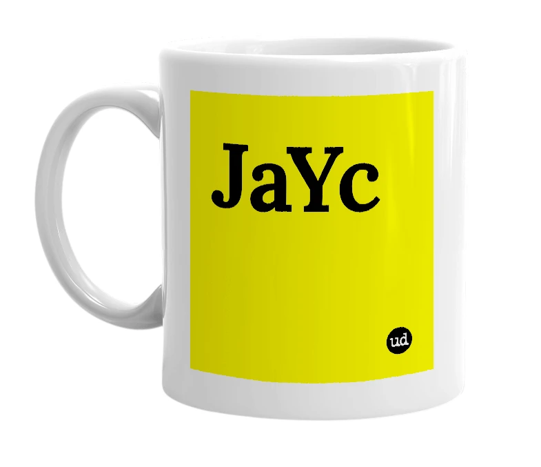 White mug with 'JaYc' in bold black letters